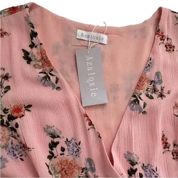 Azalosie Pink Peach Floral Shor Dress  SIZE M 
Sleeve Wrap High Low Maxi - Picture 5 of 10